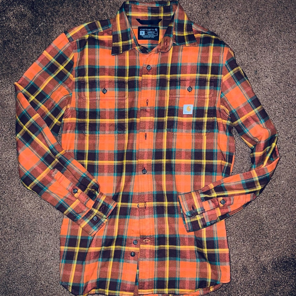 CARHARTT MENS FLANNEL ORANGE MENS SMALL LIKE NEW